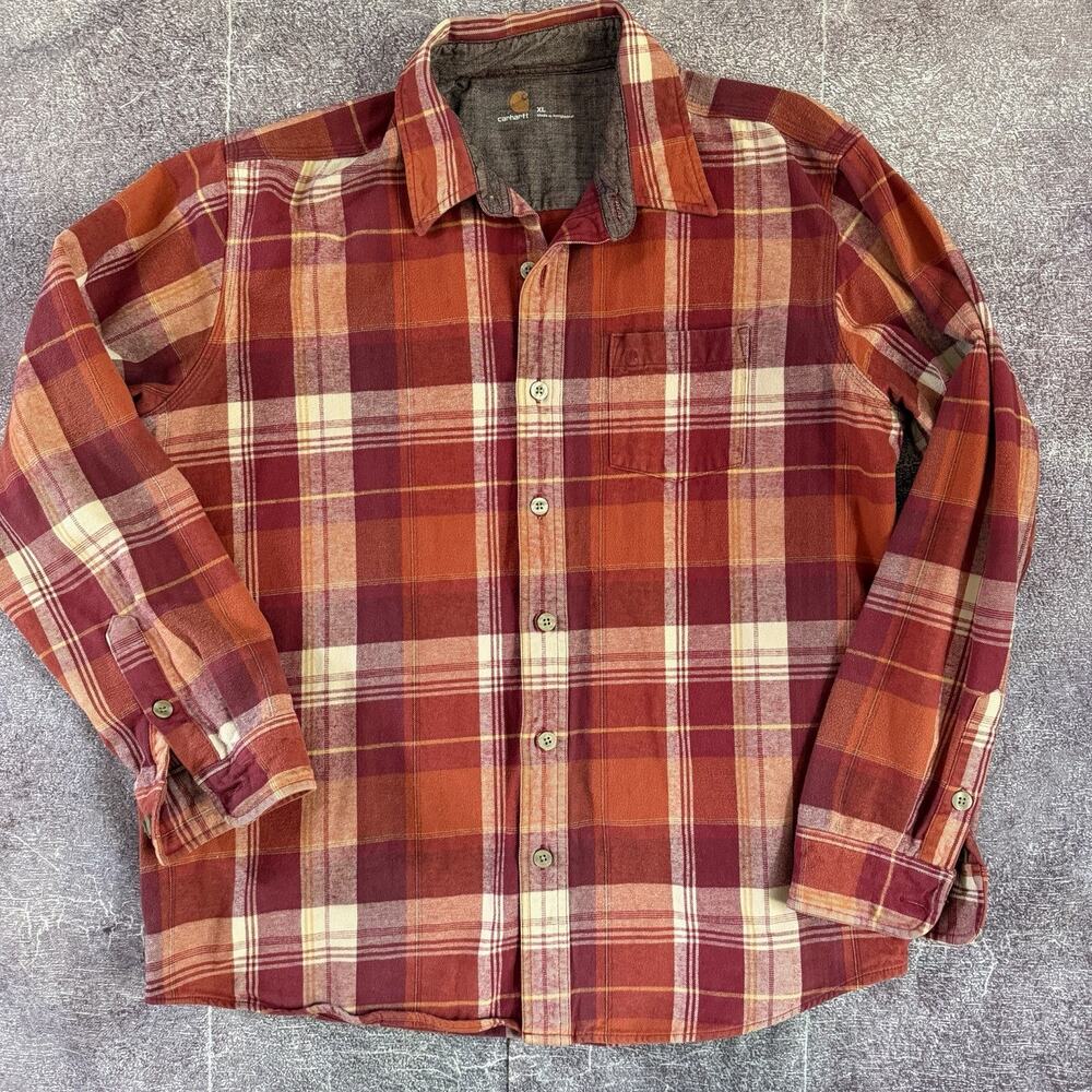 Mens Carhartt Orange Red Hubbard Plaid Button Up Flannel Long Sleeve Shirt Sz XL